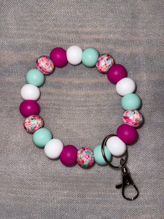 Mint and Fuchsia Floral Keychain Wristlet M/L - 20 beads