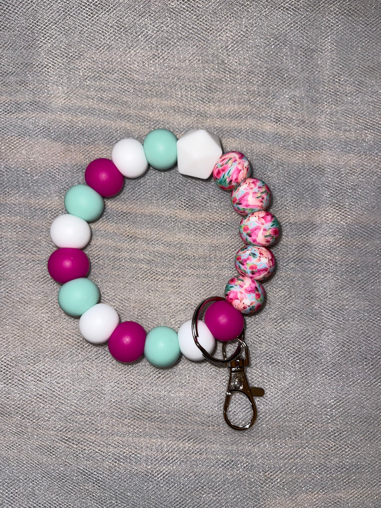 Mint and Fuchsia Floral Keychain Wristlet S/M - 18 beads