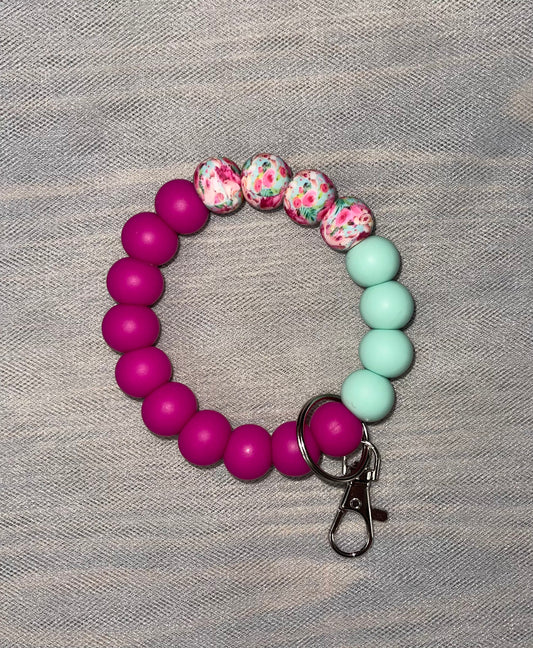 Pink & Mint Floral Keychain Wristlet S/M - 18 beads