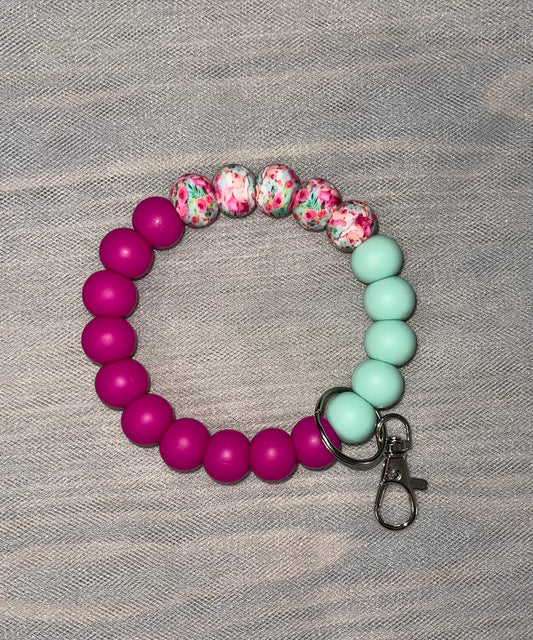 Pink & Mint Floral Keychain Wristlet M/L - 20 beads